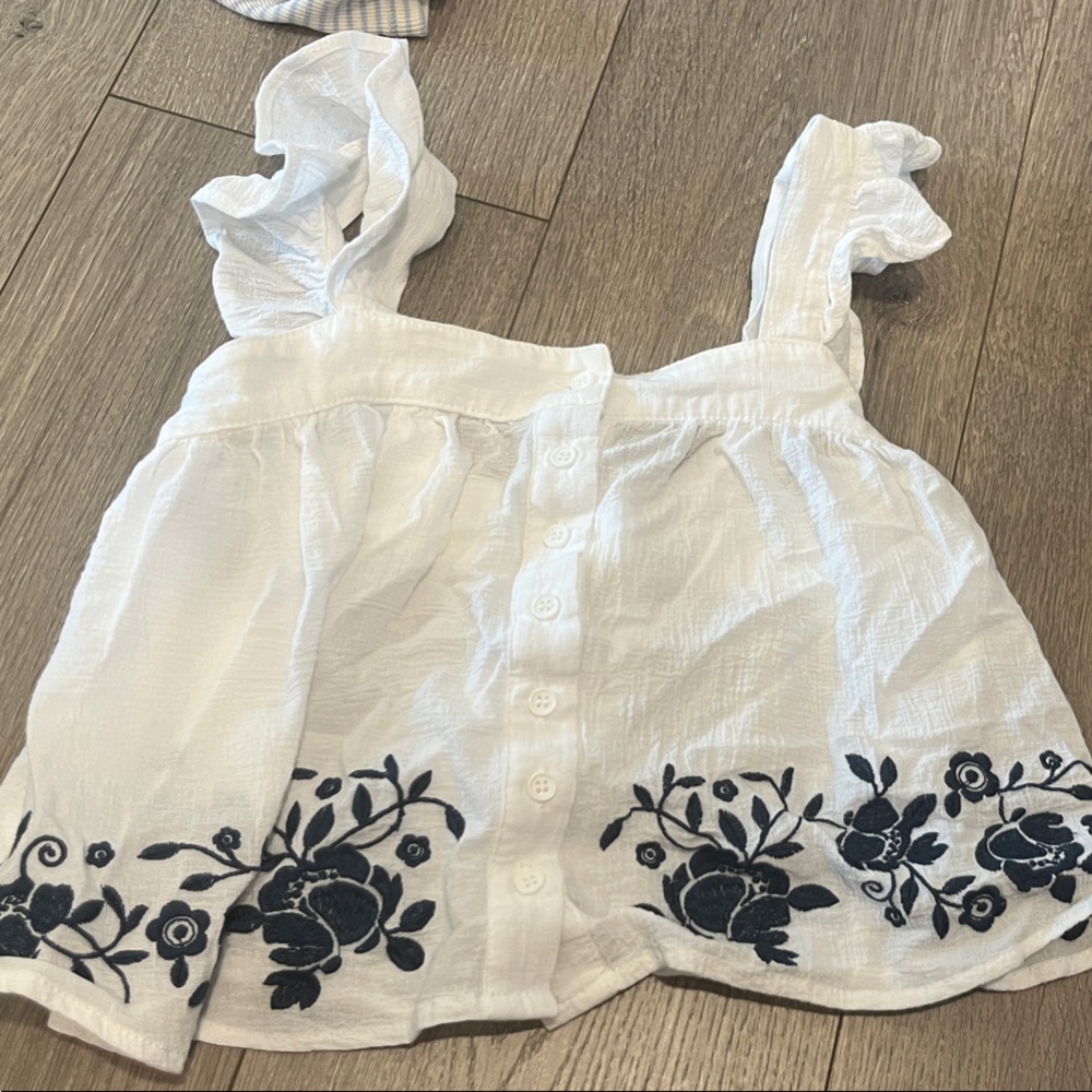 ruffled francesca’s top with navy floral embroidery